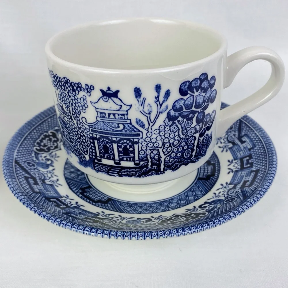 Vintage Churchill Blue Willow Teacup & Saucer Set of 2 England
